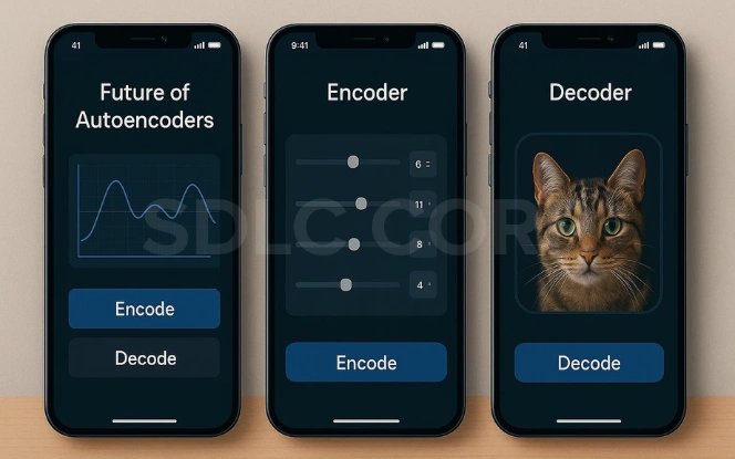 Three smartphone screens showing the future of autoencoders: a graph with encode/decode buttons, encoder adjustment sliders, and a decoded cat image.
