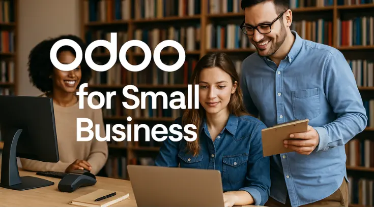 Three smiling professionals collaborating in an office with bookshelves, representing Odoo ERP software for small business operations