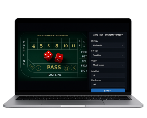 "Craps simulator interface showing auto-betting strategy configuration with custom rules and Martingale system active on virtual table"