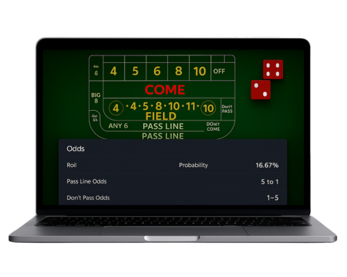 "Craps simulator screen with real-time odds and probability indicators displayed above virtual table layout"