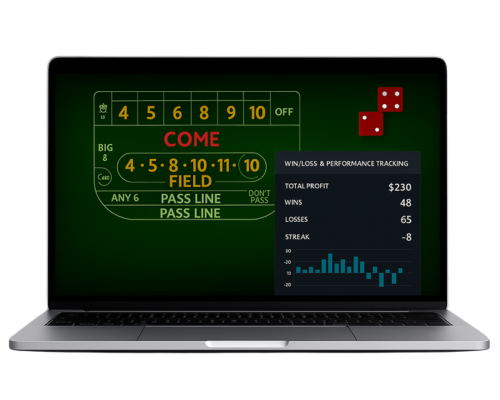 "Online craps simulator dashboard displaying win/loss graph, session statistics, and betting performance tracking"