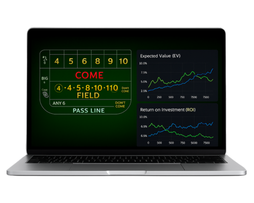 "Craps simulator showing EV and ROI line graphs for strategy profitability and long-term performance analysis"