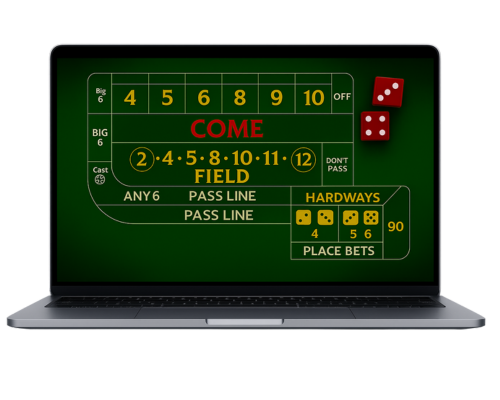 "Virtual craps table in simulator highlighting multiple bet types including Pass Line, Hardways, and Place Bets"