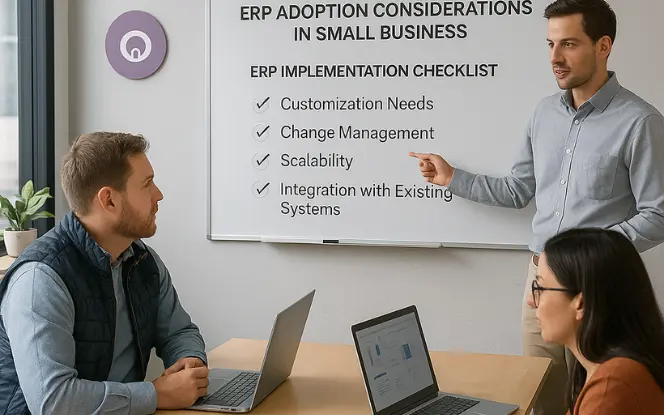 Three smiling professionals collaborating in an office with bookshelves, representing Odoo ERP software for small business operations