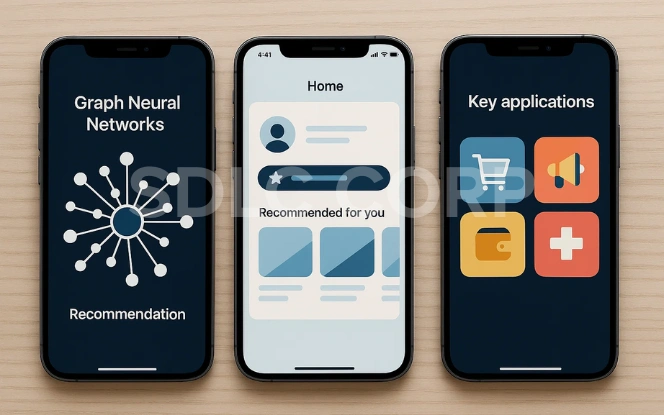 Illustration of Graph Neural Networks (GNNs) showing connected nodes and edges on a mobile interface
