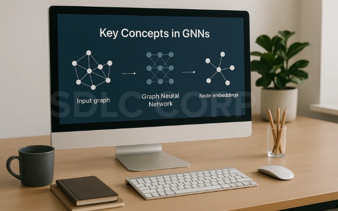 Visual representation of key concepts in Graph Neural Networks including input graph, GNN, and node embeddings