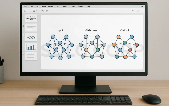 Diagram explaining how Graph Neural Networks work with input layer, GNN layer, and output layer on a desktop screen.