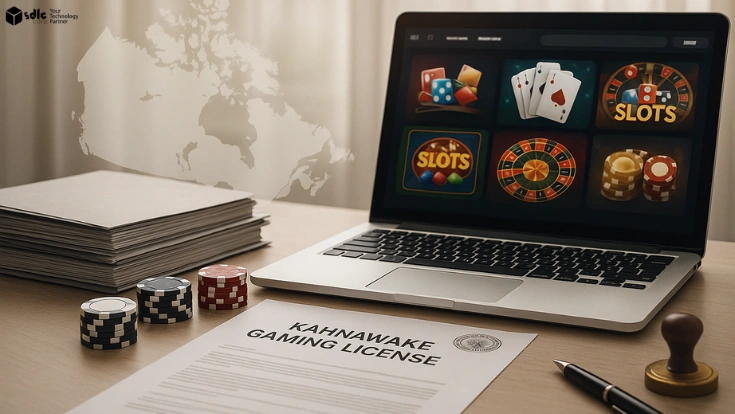 Professional workspace with laptop showing online casino homepage and Kahnawake Gaming License document on desk