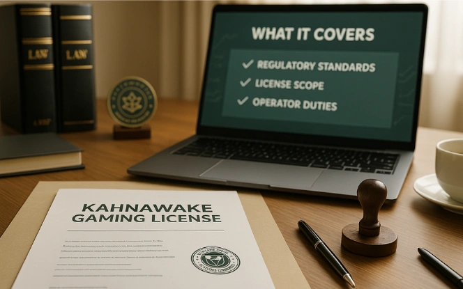 Digital certificate titled Kahnawake Gaming License beside regulatory seal and icons for online slots and card games