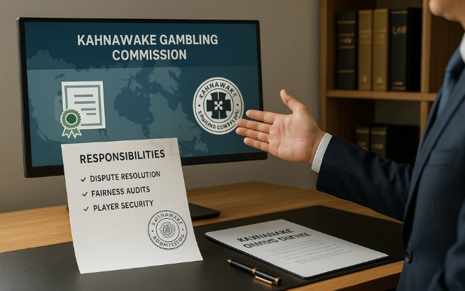 Suited professional pointing to Kahnawake Gambling Commission website on screen with document outlining regulatory responsibilities