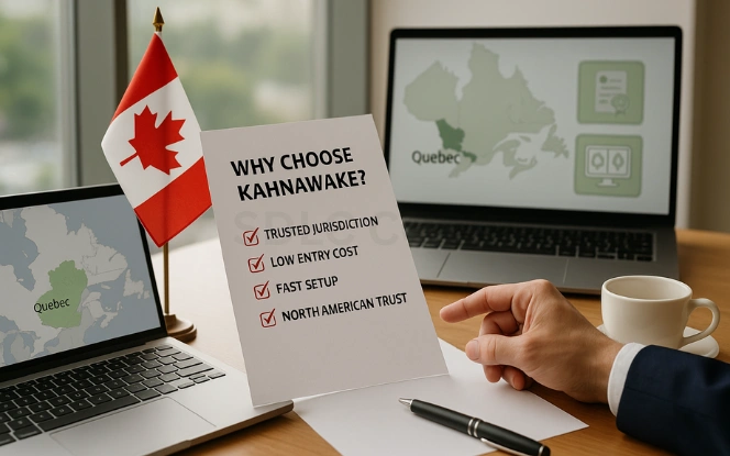 Businessman pointing at printed document listing benefits of Kahnawake Gaming License with Canadian flag and map of Quebec on desk