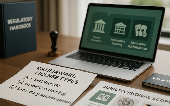 Document titled Kahnawake License Types with checkboxes for Client Provider, Interactive Gaming, and Secondary Authorization beside laptop and seal stamp