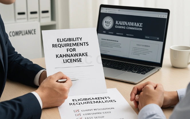 Consultant and client reviewing eligibility requirements document for Kahnawake License with KGC website open on laptop
