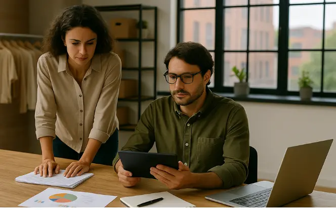 Two small business professionals reviewing sales analytics on a tablet in a modern office, with documents and laptops on the desk.
