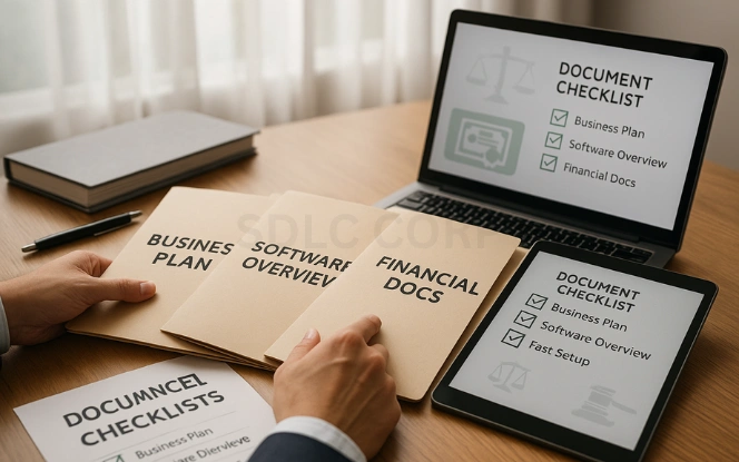 Organized folders labeled Business Plan, Software Overview, and Financial Docs with tablet displaying digital checklist