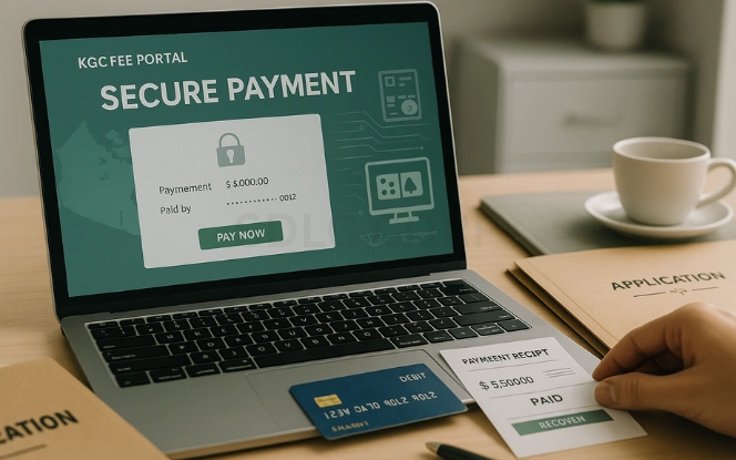 Laptop screen showing KGC fee portal with payment receipt, debit card, and application folder on desk
