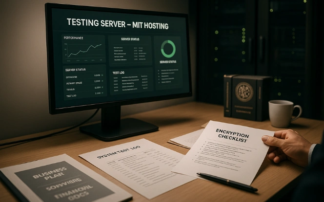 Computer displaying MIT Hosting testing dashboard with system test logs and encryption checklist on a tech-focused desk