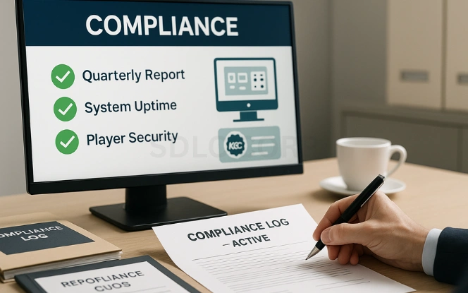 Compliance dashboard showing checkmarks for Quarterly Report, System Uptime, and Player Security with printed KGC Compliance Log on desk