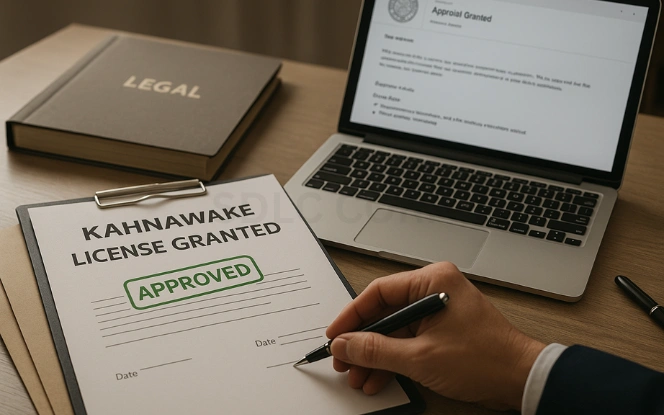 Stamped approval form labeled Kahnawake License Granted with a hand signing the document and KGC approval email on laptop screen