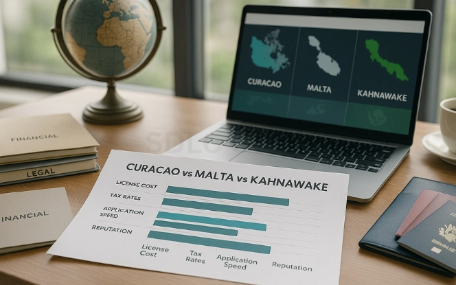 Printed chart comparing Curacao, Malta, and Kahnawake licenses with laptop displaying jurisdiction maps and a travel wallet with passports on desk