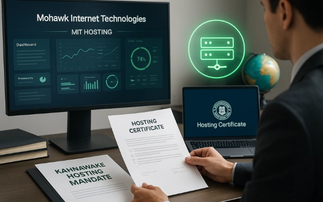 Technician reviewing Kahnawake Hosting Mandate certificate at IT workstation with MIT Hosting dashboard and glowing server icon on screen