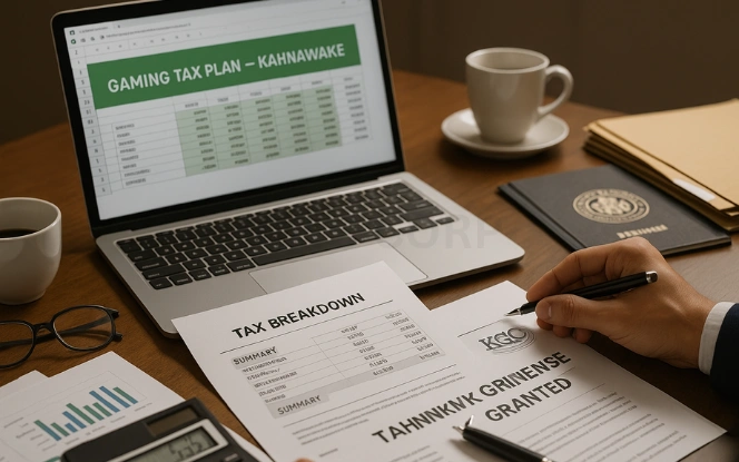 Laptop displaying Gaming Tax Plan – Kahnawake spreadsheet with printed tax documents, calculator, and coffee mug on desk