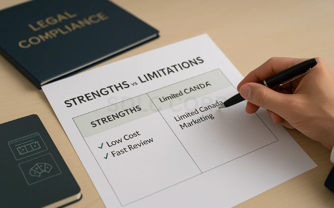 Comparison chart labeled Strengths vs Limitations with person highlighting Limited Canada Marketing section and legal compliance folder in background