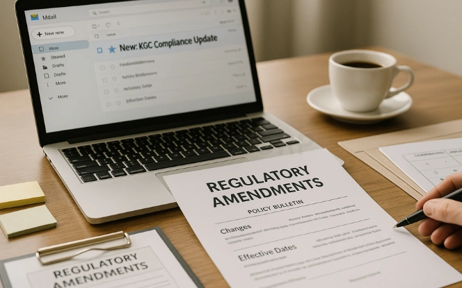 Laptop showing KGC Compliance Update email with printed Regulatory Amendments bulletin, calendar with review dates, and office supplies on desk