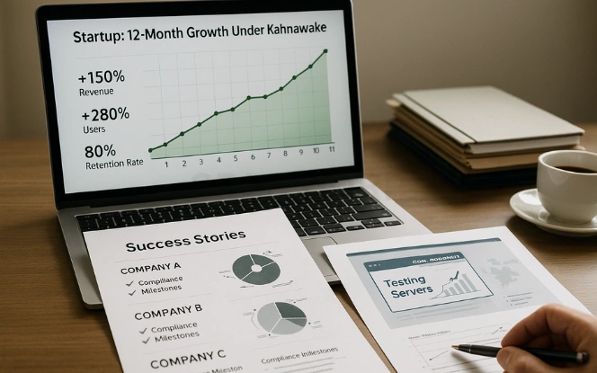 Laptop displaying 12-month growth chart for Kahnawake-licensed startup with printed success stories and annotated compliance milestones on desk