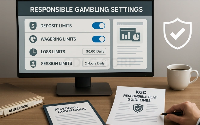 Desktop screen displaying Responsible Gambling Settings with toggles for session limits and self-exclusion, alongside KGC Responsible Play Guidelines document and trust icons