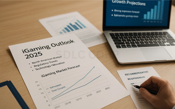 Forecast document titled iGaming Outlook 2025 with laptop showing North American market growth projections and Kahnawake expansion chart
