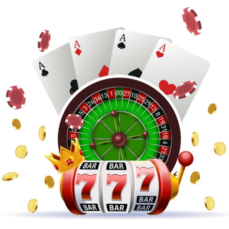 Photorealistic front-facing smartphone, tablet, and desktop monitor displaying slot gameplay, live table interface, and admin dashboard UI with a soft reddish-violet accent background.