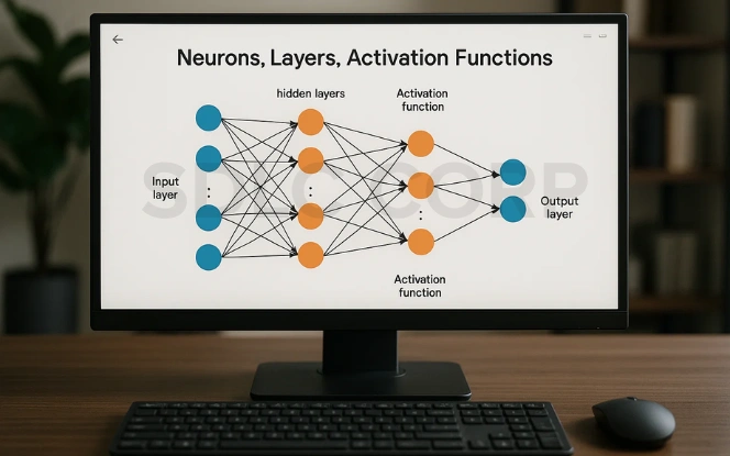 Diagram of neural network showing input layer, multiple hidden layers with activation functions, and output layer.