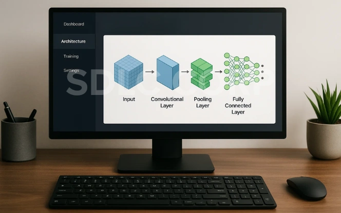 Illustration of CNN architecture showing input, convolutional layer, pooling layer, and fully connected layer.