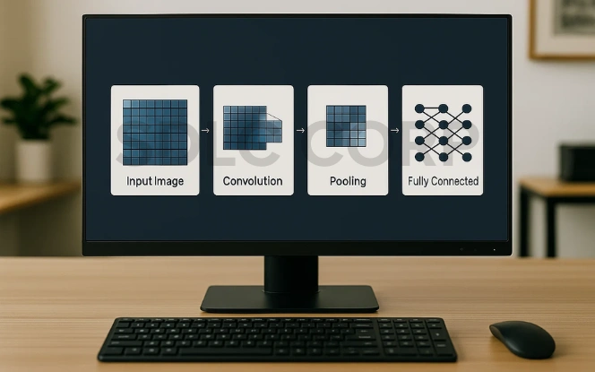 Step-by-step CNN workflow showing input image, convolution, pooling, and fully connected layers.
