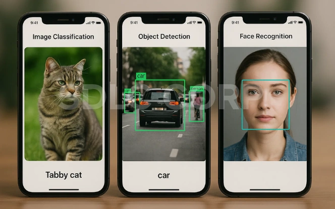 Examples of CNN applications including image classification (cat), object detection (car), and face recognition (person).