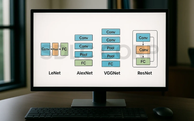 Comparison of CNN architectures including LeNet, AlexNet, VGGNet, and ResNet with their respective layer structures.