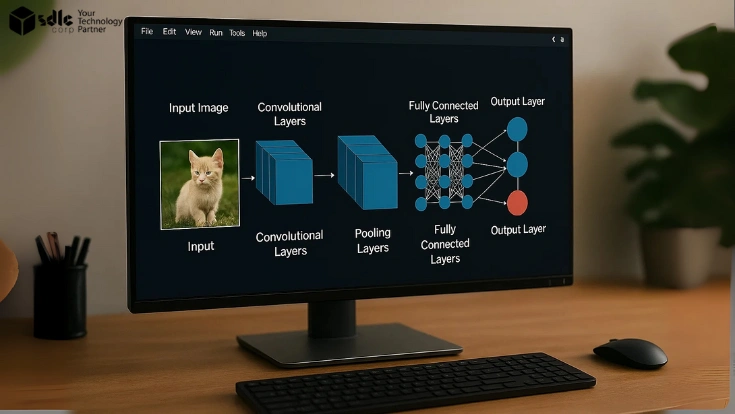 CNN diagram with input image of a cat, convolutional layers, pooling layers, fully connected layers, and output layer.