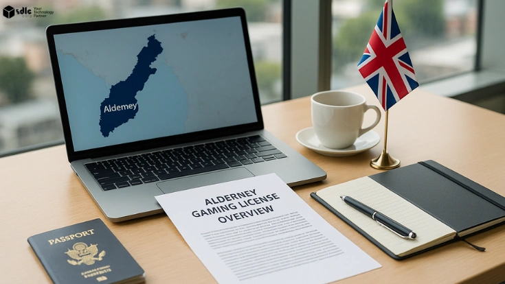 Professional office desk with a printed document titled ‘Alderney Gaming License Overview’, a British flag, an open laptop displaying a map of Alderney, a passport, legal notepad, and a white coffee mug. Soft daylight filters through a window overlooking a cityscape.