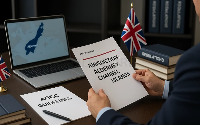 Alderney as a Jurisdiction – Regulatory Overview Compliance officer reviewing Alderney jurisdiction documents with Channel Islands map and British flag on desk