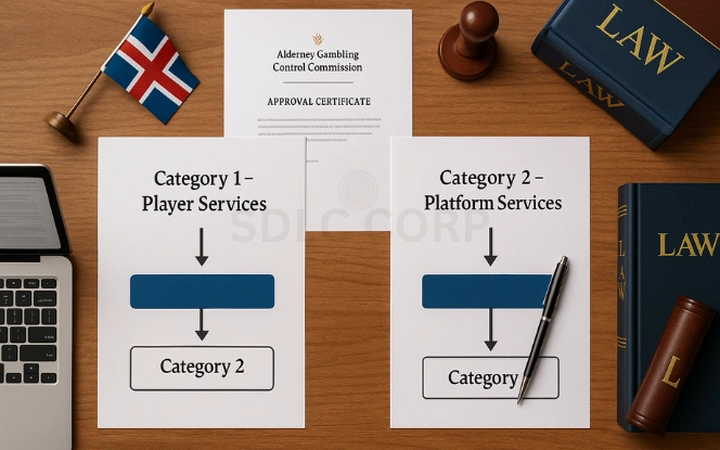 License Types and Structure – Category 1 & 2 Explained Flat lay of legal documents showing Alderney Category 1 and Category 2 license structure with AGCC certificate and flags