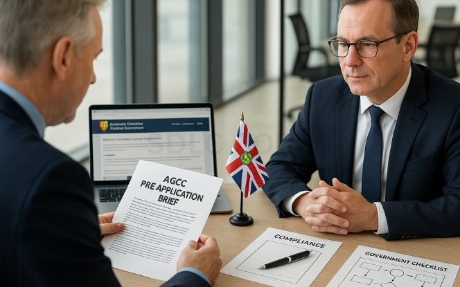 Pre-Application Discussion – AGCC Licensing Requirements Two professionals discussing AGCC pre-application brief with Alderney flag, laptop showing AGCC website, and compliance documents on table