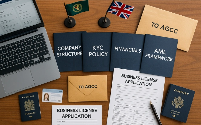 Document Preparation – Alderney License Submission Materials Organized compliance desk with folders labeled Company Structure, KYC Policy, Financials, and AML Framework alongside passport and AGCC envelope