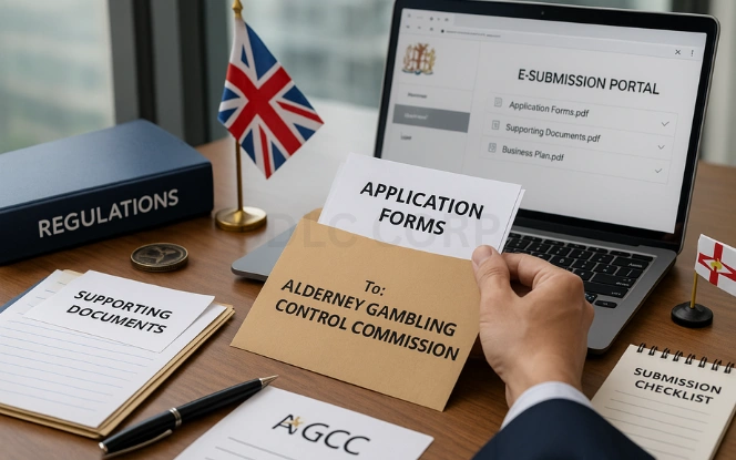 Formal Application Submission – Sending Required AGCC Documents Professional submitting Alderney license documents into envelope labeled 'To: Alderney Gambling Control Commission' with laptop showing AGCC portal