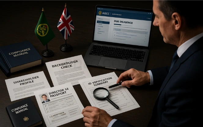 Due Diligence and Background Checks – AGCC Compliance Review Legal advisor reviewing ID verification documents, director passports, and background reports with laptop displaying AGCC due diligence portal and flags