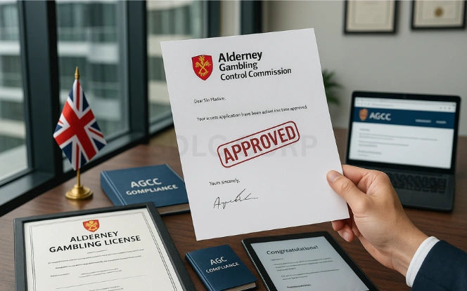 Review and Approval – AGCC License Confirmation Hand holding AGCC approval letter stamped 'APPROVED' beside Alderney Gambling License certificate, UK flag, and compliance binder