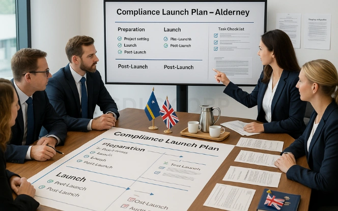 Compliance Setup and Launch – Preparing for Regulated Operation Team of professionals reviewing Compliance Launch Plan for Alderney license with checklist on screen, legal documents, and flags on conference table