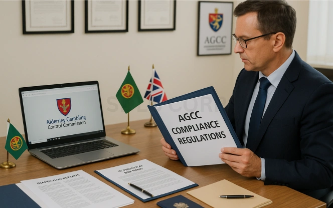 Alderney Gambling Control Commission (AGCC) – Regulatory Oversight Compliance advisor reviewing AGCC compliance binder at a desk with Alderney and UK flags, printed reports, and AGCC homepage on laptop screen
