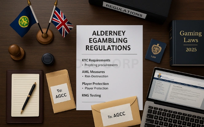 Alderney eGambling Regulations – Core Compliance Requirements Overhead view of a desk with documents labeled Alderney eGambling Regulations highlighting KYC, AML, Player Protection, and RNG Testing, with flags and legal items