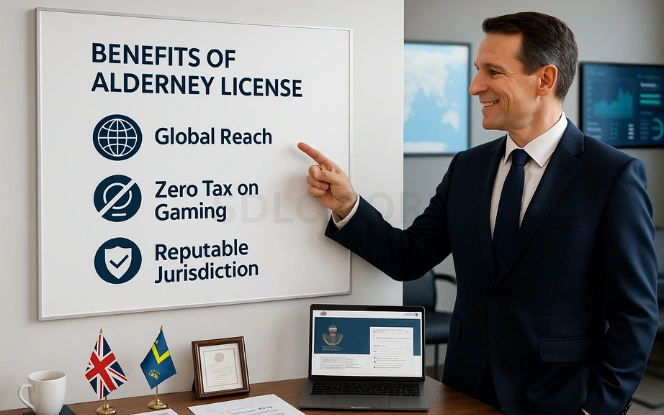 Benefits of Licensing in Alderney – Key Advantages for Operators Business executive pointing at board listing benefits of Alderney license such as Global Reach, Zero Tax, and Reputable Jurisdiction, with UK and Alderney flags nearby